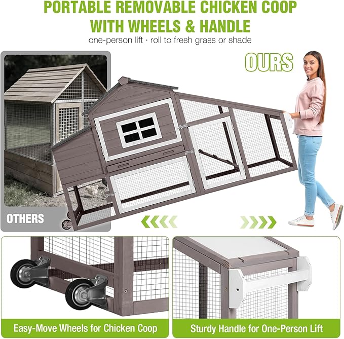 GUTINNEEN Large Chicken Coop with Wheels, Expandable Mobile Outdoor Chicken House, Hen House Poultry Cage with Nesting Box, Leakproof Pull-Out Tray & UV-Resistant Roof – Brown