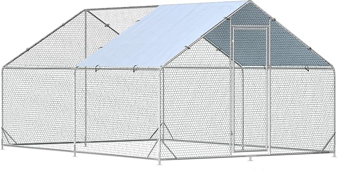 Large Metal Chicken Coop Walk-in Poultry Cage Hen Run House Spire Shaped Cage with Waterproof and Anti-Ultraviolet Cover for Outdoor Backyard Farm Use (13.2’ L × 9.84’ W)