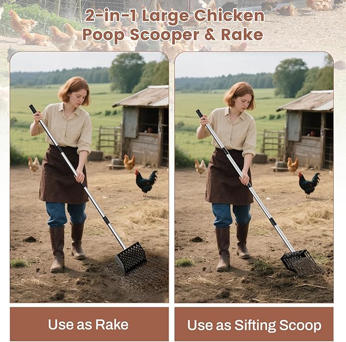 2-in-1 Chicken Poop Scooper & Rake,10" Wide Metal Sand Sifting Shovel with Grip,Chicken Pooper Scooper for Poop Shavings,Litter Scooper for Chicken Coop Accessories,Adjustable Handle (24" to 66")