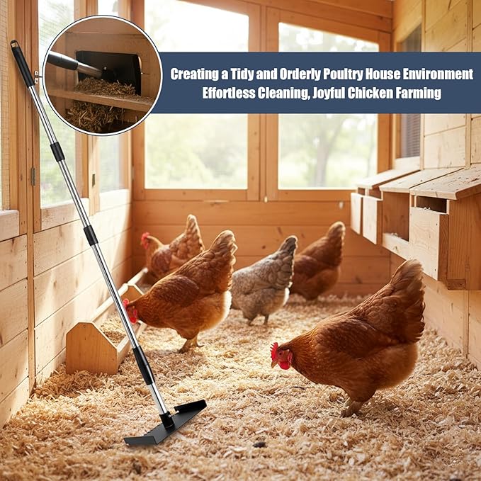 Chicken Coop Droppings Board Scraper Tool with Hand Scraper 68.5" Long Handle Chicken Coop Poop Scoop with Telescopic Pole, Dual-Sided Iron Rake & Flat Scraper, Essential Poultry Accessories