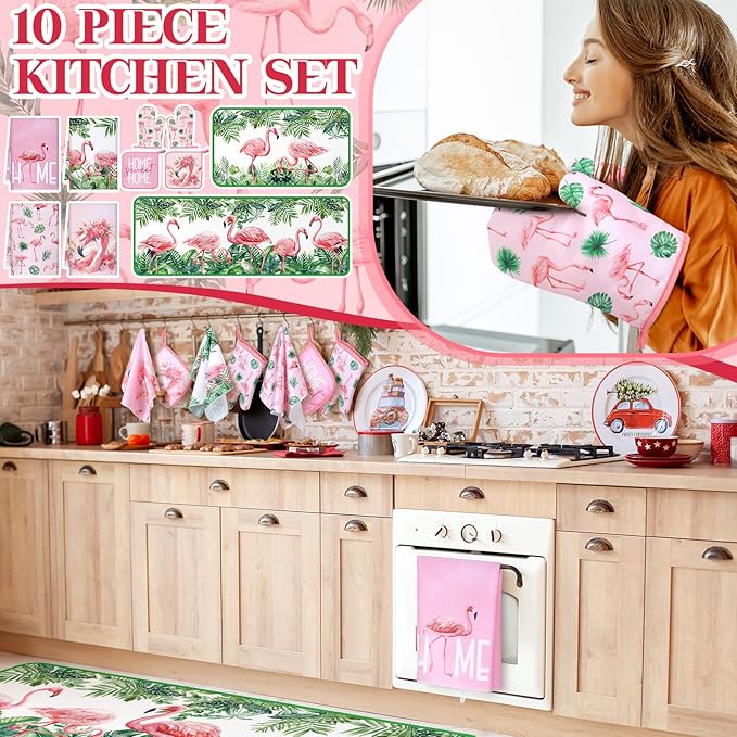 10 Pcs Flamingo Kitchen Dish Towels Rugs Oven Mitts and Pot Holders Set Farmhouse Kitchen Decor Set for Women Mom Daughter Gift Cooking Baking Grilling(Cute Pink)