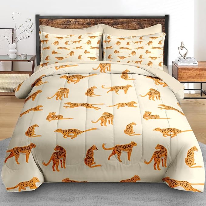 Comforter Set Twin Size, Leopard 5 Pcs Bedding for Kids and Adults, Cheetah Bedding Sets with Fitted Sheet Pillowcase & Sham for Bedroom Bed Decor