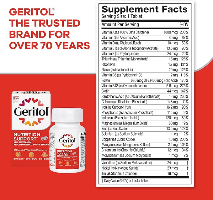 Geritol, Multivitamin Supplement, Contains B-Vitamins, Antioxidants, Vitamins C, E & D and Iron, 26 Essential Vitamins and Minerals, Gluten-Free, Non-GMO, No Artificial Sweeteners, 40 Tablets