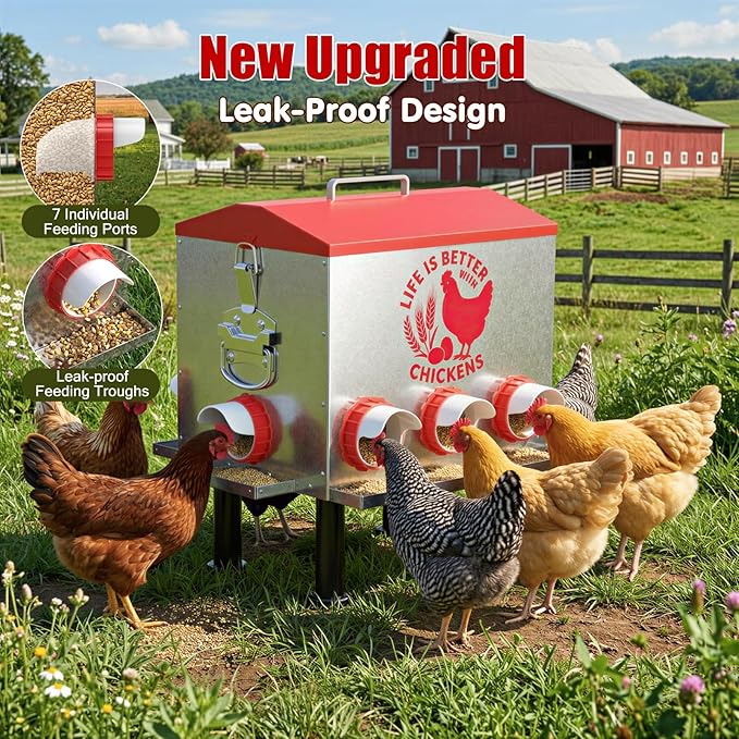 Pawaboo 55LBS Large Capacity Automatic Chicken Feeder - 2026 Upgraded No Waste Poultry Feeder, 7 Feeding Ports, Viewable Feed Level Window, Height-Adjustable Legs + Wobble-Free Stability
