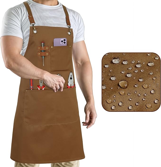 RUVANTI Work Apron for Men, Oil & Water Repellent, Poly Cotton Cross Back Aprons for Women with Pockets, Adjustable up to XXL