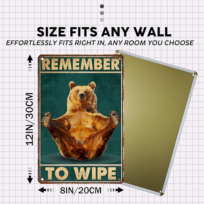 Vintage Bear Tin Sign Remember To Wipe Retro Bathroom Metal Sign Nostalgic Wall Decor Decorations for Home Toilet Cafe Kitchen Bar Man cave 12 * 8In