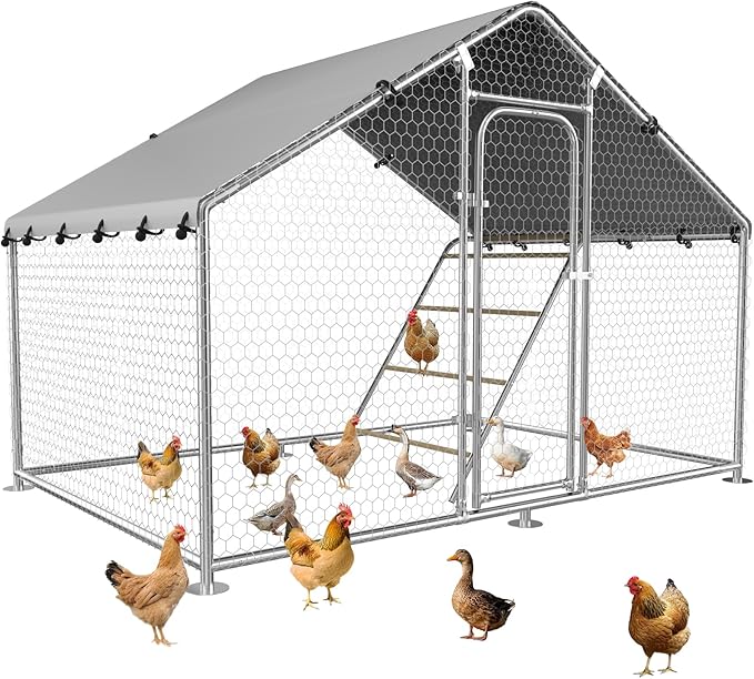 Large Metal Chicken Coop with Roosting Perch, UV-Resistant and Waterproof Cover, Chicken Run Outdoor Walk-in Cage, Duck Goose House for Yard Farm Use Spire Roof (10’W x 4.9’L x 6.4’H)