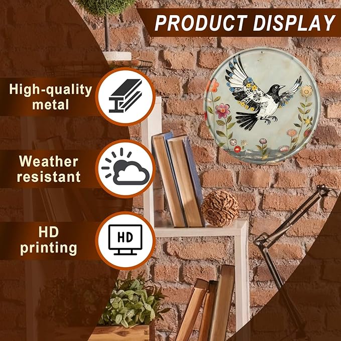 Bird Round Metal Tin Sign Wreath Farm Flowers Rustic Vintage Wall Art Decor for Garden Porch Yard Farmhouse Outdoor Decor 8x8inch