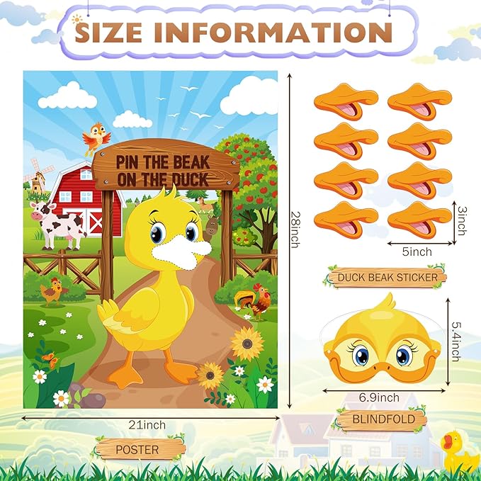 Faccito Farm Animal Games Pin The Tail on The Animals Barn Birthday Party Decorations Farm Poster Games with 24 Stickers Eye Mask for Family Activities Birthday Party Decor Supplies (Duck)
