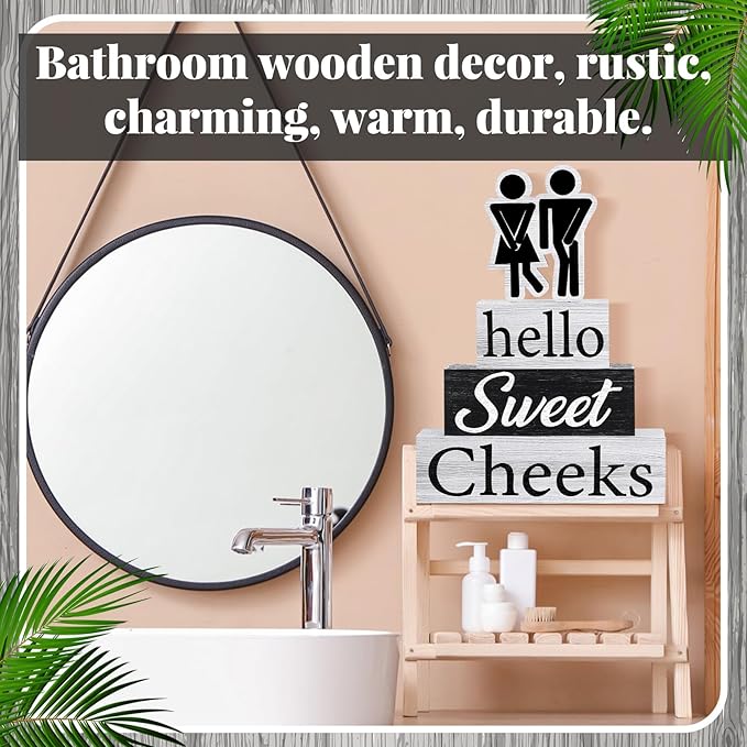 Jetec 4 Pcs Bathroom Shelf Decor Signs Hello Sweet Cheeks Wooden Sign Rustic Toilet Restroom Tabletop Decoration Funny Bathroom Decor for Farmhouse Apartment Shelves Toilet Restroom Home Tabletop Desk