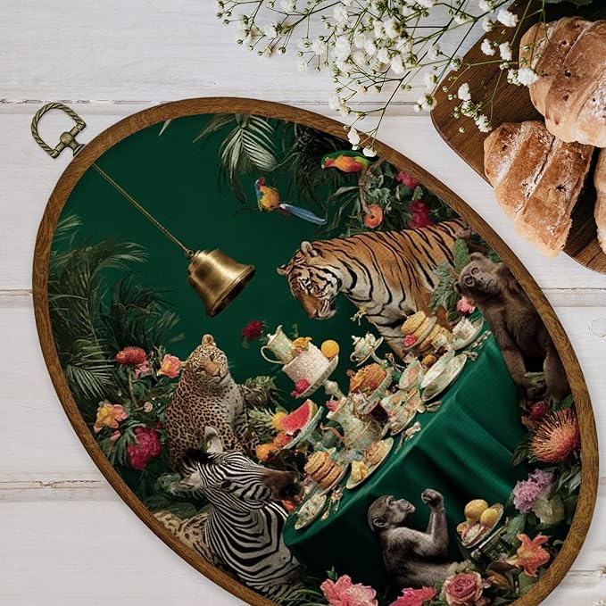 WULQYING Tropical Jungle Animal Wall Art Decor, Moody Maximalist Oval Framed Canvas Art Prints, Eclectic Wild Animals Tea Party Wall Hanging Decor for Home Kitchen Bedroom Living Room, 8.6x11.4 Inches