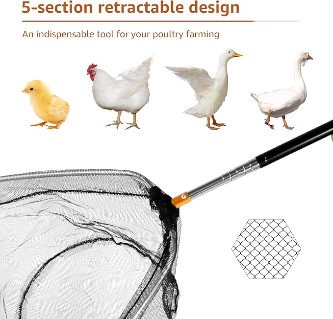 Telescopic Chicken Catcher Leg Hook， 58.5 Inch Chicken Net Catcher with Non Slip Rubber Handle, Can Withstand 3.5 lbs Chicken,Farm Tools for Poultry Chicken Turkeys Geese Ducks