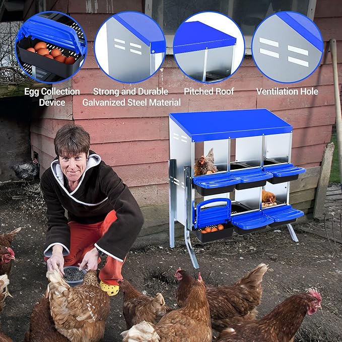 Chicken Nesting Box 6-Hole Roll Away Egg Laying Box with Lid & Stand, Galvanized Steel Rustproof Poultry Coop Box, Wall Mountable No Bracket Needed for Hens, Blue