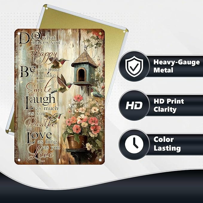 Vintage Garden Tin Sign Do What Makes You Happy Retro Hummingbird Metal Poster Rustic Nostalgic Metal Sign Wall Decor For Home Garden Plaque Yard Living Room Bedroom Cafe Bar 12 * 8 In