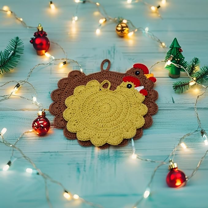 Handmade Crochet Chicken Trivets Set of 2, Chicken-Gifts, Valentine Gifts, Pot Holders, Heat Resistant Farmhouse Kitchen Home Decor, Cooking, Baking, Cute Desk Accessories, Tabletop Protection (2pcs)
