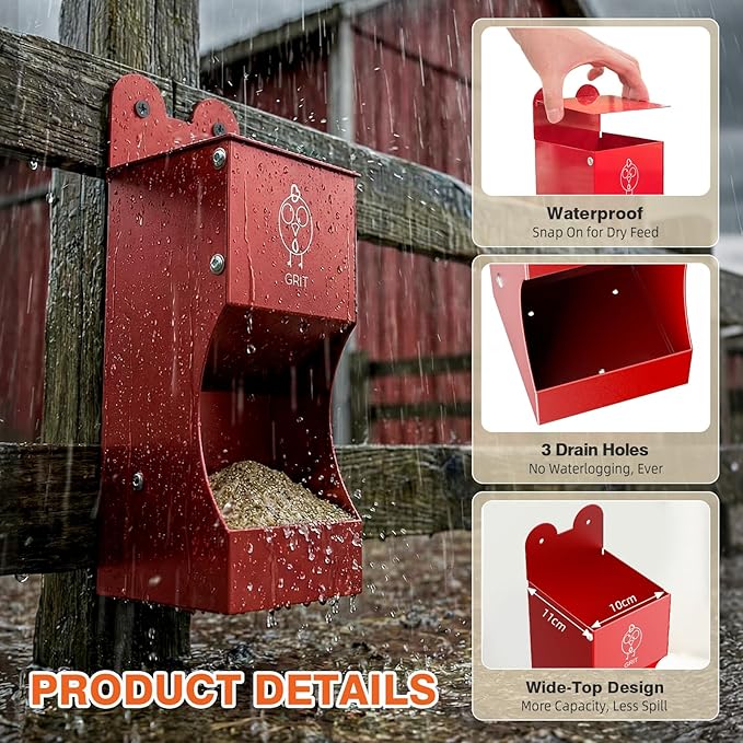 2Pack Chicken Grit Feeder, Metal Oyster Shell Feeder with Weatherproof Lid and Drain Holes, Hanging Gravity Chicken Grit Feeder, Coop Accessories for Hens and Chicks