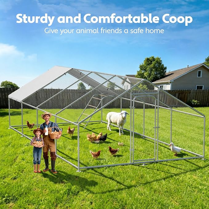 Large Metal Chicken Coop with Perch, Chicken Run Pen Walk-in Poultry Cage with Waterproof & Anti-Ultraviolet Cover for Outdoor Farm Use,Spire Roof(26.2" W x 13.1" L x 6.4" H)