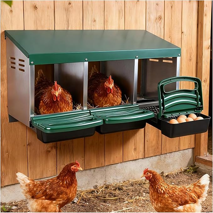 Chicken Nesting Boxes with 3 Cozy and Roll-Away Design - Chicken coop Nesting Boxes,Private Laying Spot & Enables Effortless Egg Collection (Green)