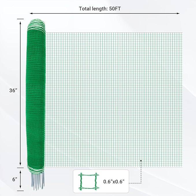 Non Electric Fence Netting 36" x 50', Boundary Fence with Double Spiked Posts&Windproof Kit, Portable Poultry Fence for Dogs, Chickens, Ducks, Turkeys Suitable in Backyard, Garden