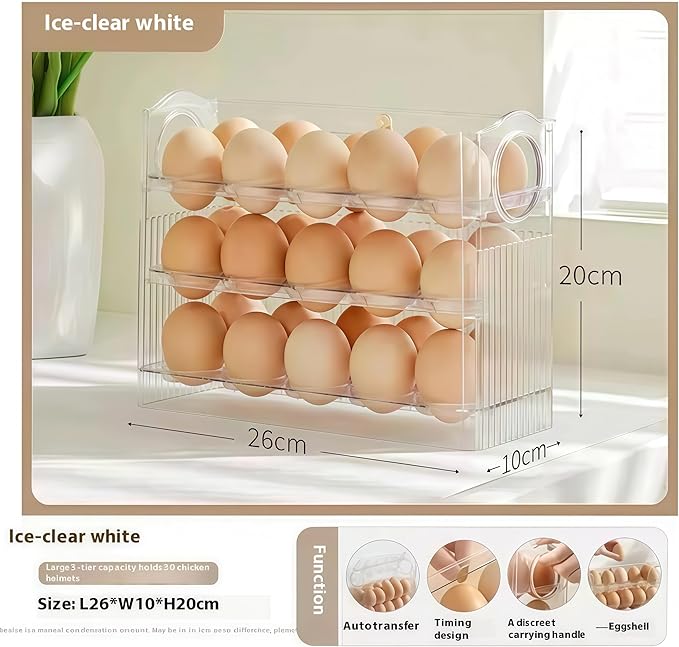 Auto-Flip egg storage for refrigerator，side fridge storage rack egg tray for refrigerator，Eggs Holder Countertop with Timers, Space-Saving Eggs Dispenser for Refrigerator, 30 Eggs Container for