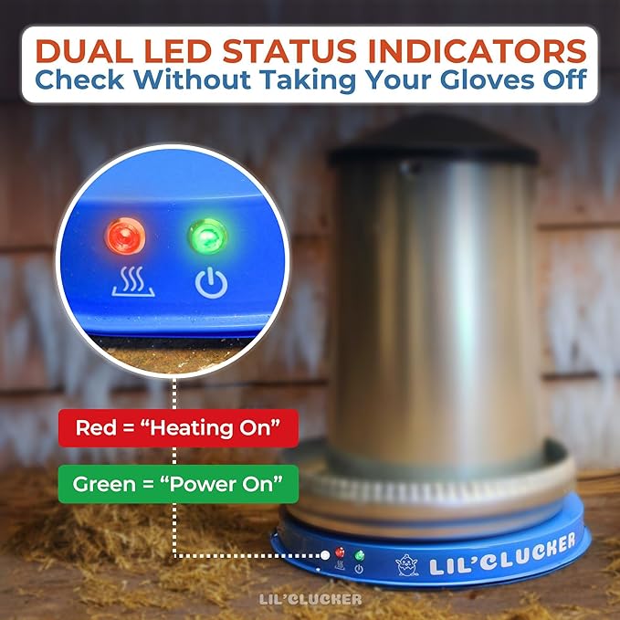Lil'Clucker Heated Base for Chicken Waterer – Automatic Metal Freeze Proof Heated Chicken Waterer with Heater & LED – Poultry Heated Waterer for Winter (Blue, 11 Inch)