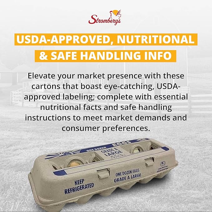 Stromberg's Grade A Large Printed Egg Cartons, Biodegradable and Eco-Friendly, Made From Recycled Materials, With Educational Prints for Safe Handling Instructions and Nutrition Facts, 250 Pack