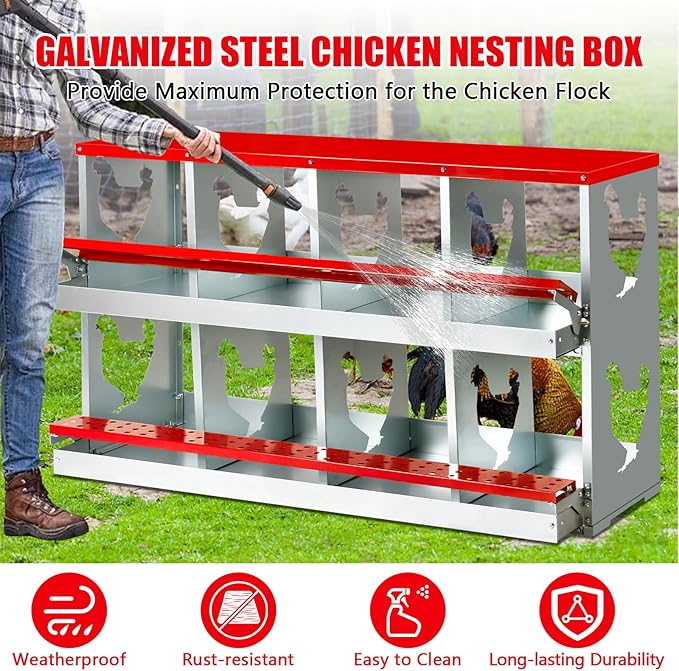 Chicken Nesting Box for Laying Eggs,8 Hole Roll Away Nesting Boxes,Chicken Laying Boxes with Large Vented Holes,Wall-Mountable Chicken Coop Nesting Boxes,Metal Laying Boxes for Hens,Ducks(Red)