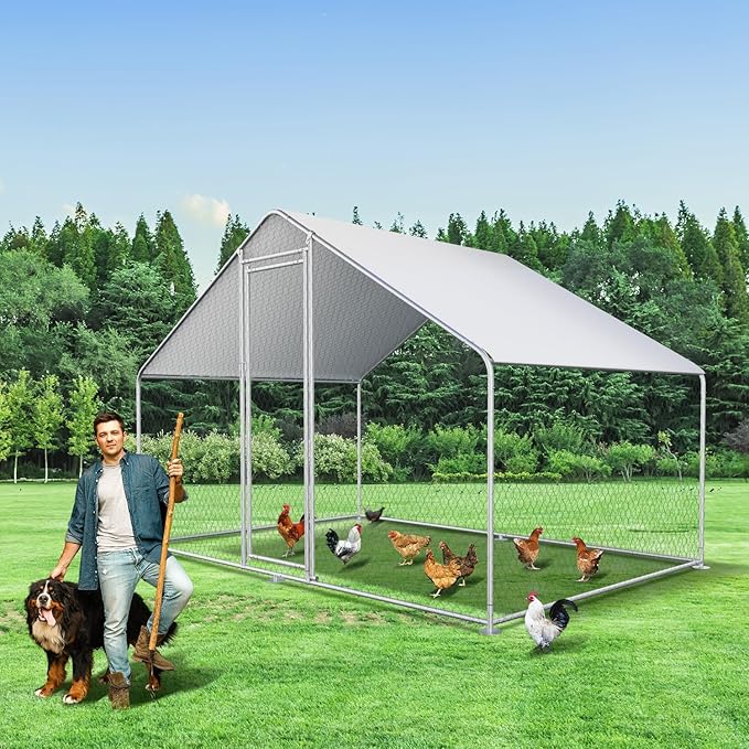 Chicken Coop Large Metal Chicken Coops House/Pen for 6-10 Chickens with Waterproof Cover Walk-in Poultry Cage for Chickens Chicken Run for Outdoor Farm Use