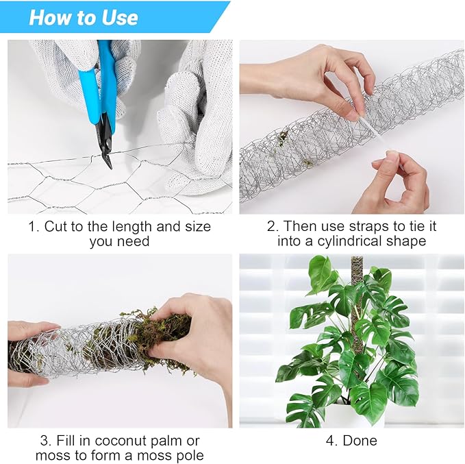 Chicken Wire Mesh 13.7 in x 50 ft in Silver Floral Chicken Wire Poultry Netting Hexagonal Galvanized PVC Coated Wire Mesh for Floral Arrangements Craft with 30 Zip Ties, Glove and Wire Cutting Pliers