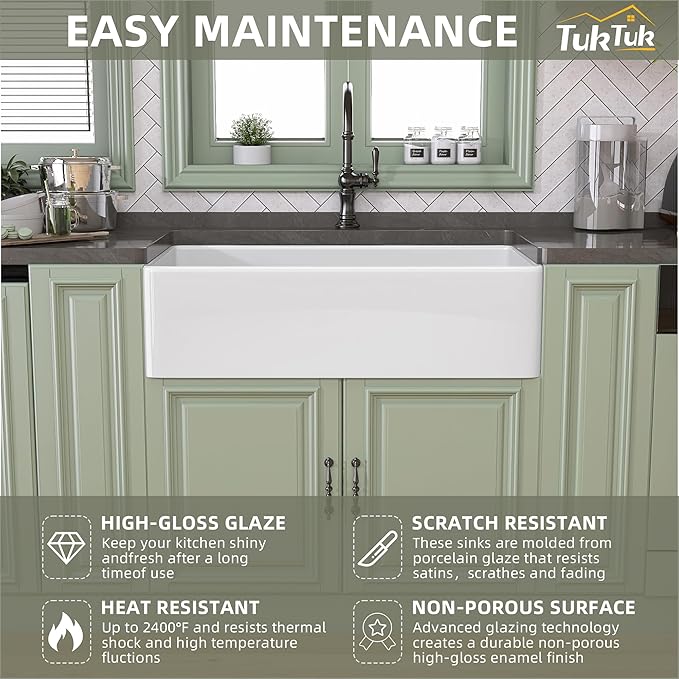 TUKTUK White Farmhouse Sink 36 x 20 Fireclay Apron Front Farm Sink Undermount Single Bowl Deep Big Capacity Extra Wider Reversible Modern with Luxury Accessory Kit