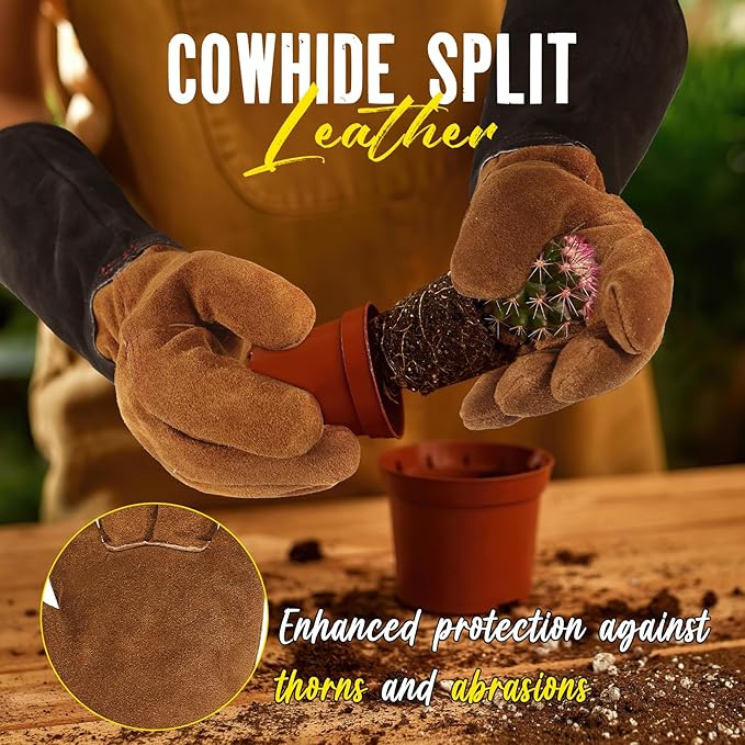 HANDLANDY Leather Gardening Gloves for Men & Women, Rose Pruning Thorn Proof Garden Glove, Long Sleeve Gauntlet Gloves (Caramel Brown, Large)