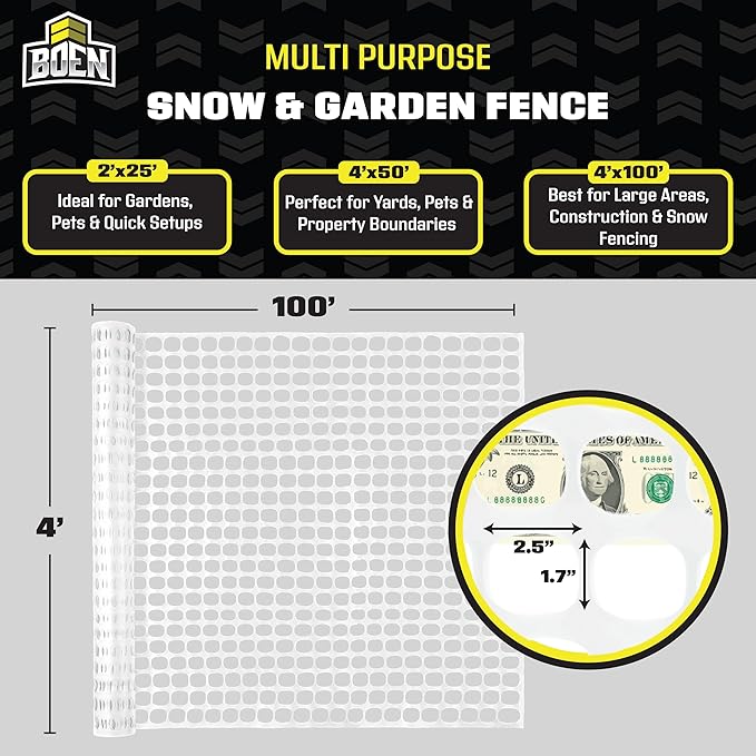 BOEN 4' x 100' White Temporary Fencing, Mesh Snow Fence, Plastic, Safety Garden Netting, Above Ground Barrier, for Deer, Kids, Swimming Pool, Silt, Lawn, Rabbits, Poultry, Dogs