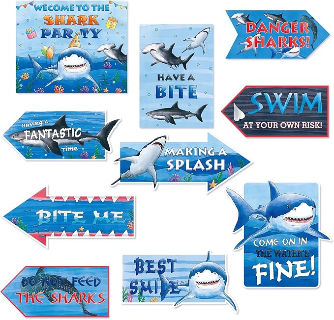 WERNNSAI 10Pcs Shark Birthday Party Decorations - Blue Shark Sign Party Decoration for Under The Sea Party Supplies Ocean Animal Party Sign Poster for Birthday Holiday Party Favors