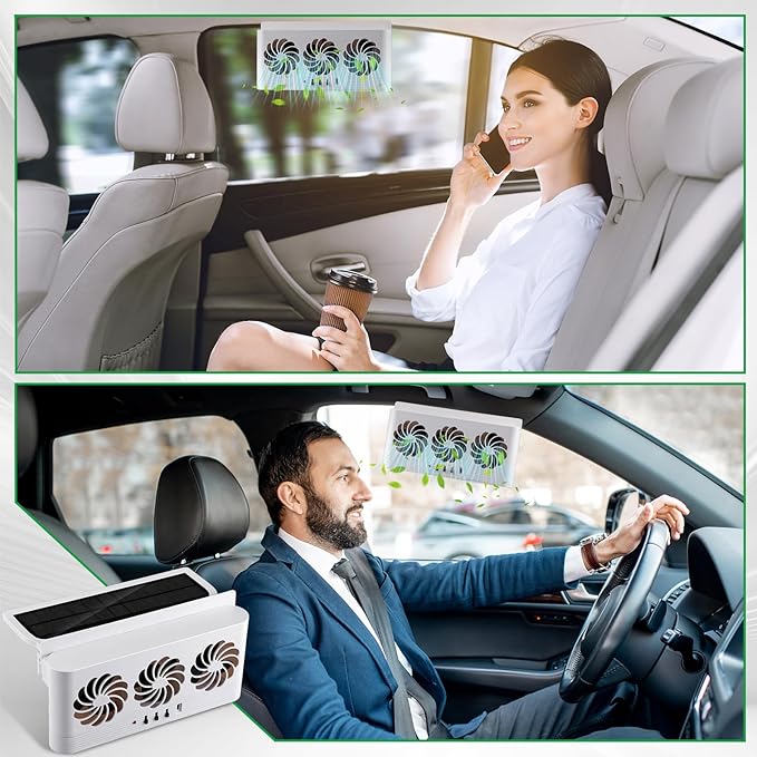 2 Pack Solar Powered Car Exhaust Fan 3 Fans Car Window Air Vent Radiator Solar Energy Cooling Vent Exhaust for General Types (Solar & Battery & USB 3 Fans,White)