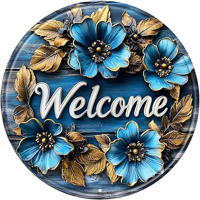 Flower Round Metal Tin Sign Wreath Welcome Floral Wreath Vintage Wall Art Decor for Home Porch Garden Decor 8x8inch