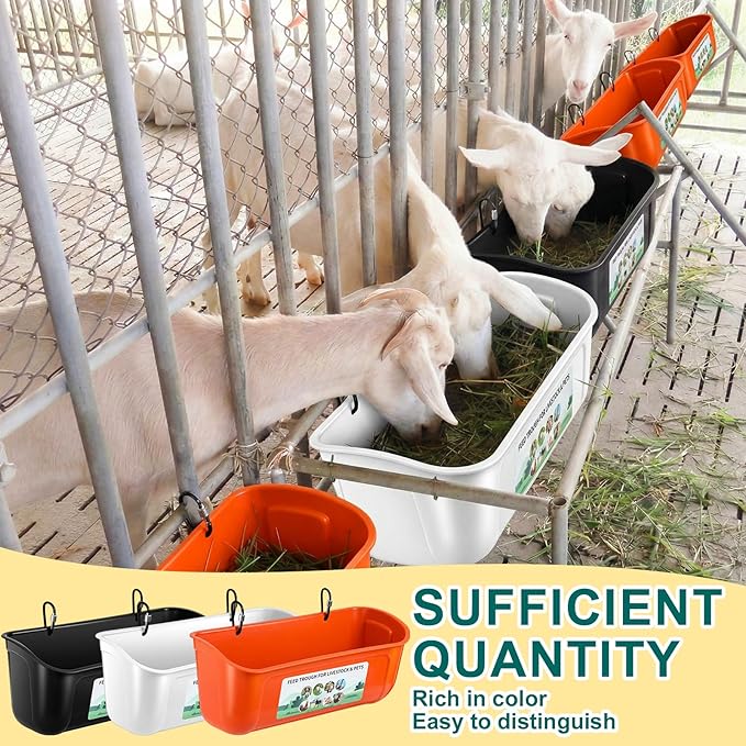 9 Pack Chicken Duck Feeder Waterer Hanging Goat Feeder Trough 2.5 Quart Livestock Feeding Trough with Scoop & Brush for Pig, Poultry, Fence Feeding, 22.5 Quart Total (White, Orange, Black)