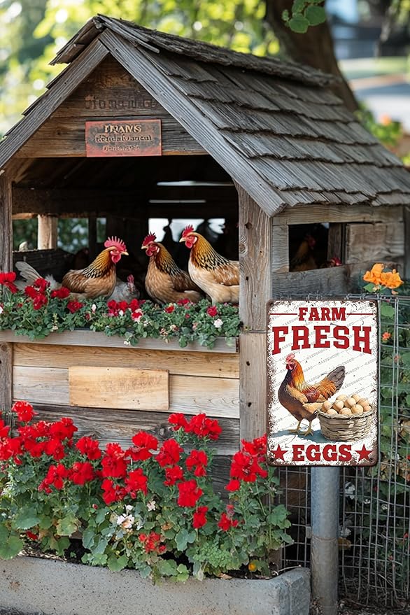 Vintage Chicken Farm Metal Sign Farm Fresh Eggs Metal Poster Home Garden Garage Bathroom Farmhouse Aluminium Sign Art Wall Decor Plaque 12x8 Inch