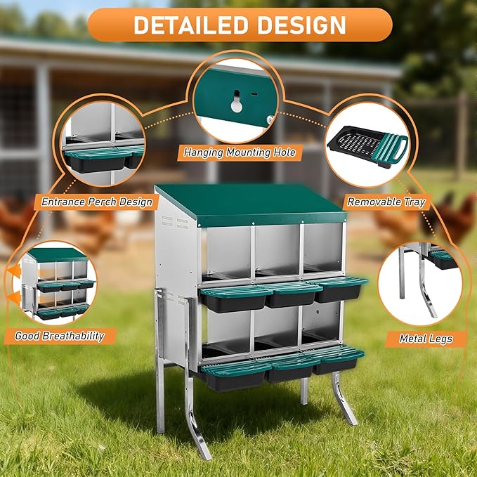 Outvita Chicken Nesting Boxes, 6 Compartments Metal Nesting Boxes for Chickens with Metal Legs, Wall/Floor Mount for Laying Eggs with Swing Perch and Roll Away Egg Collection for Chicken Coop, Green