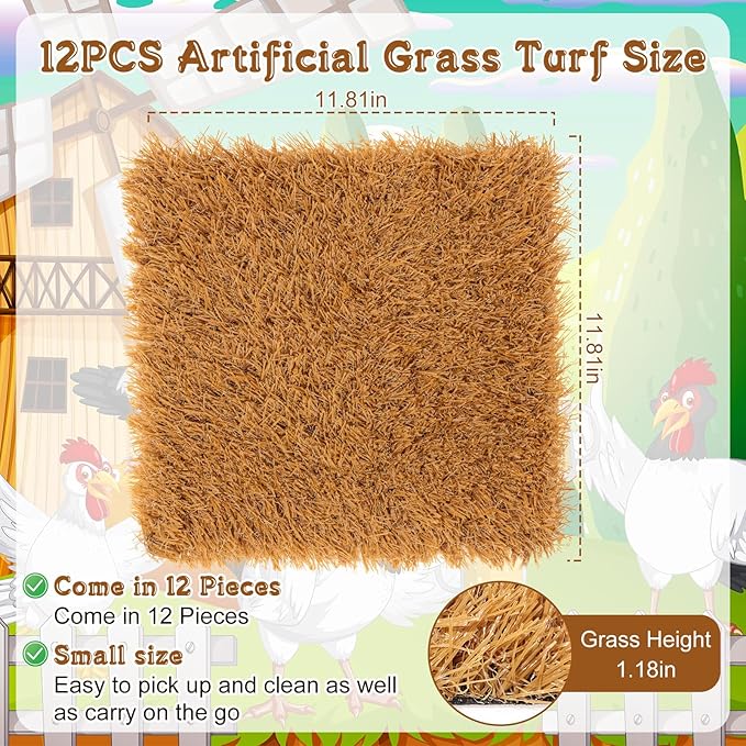 Zhengmy 12 Pcs Chickens Nesting Pads Set Nest Box Bedding Washable Nesting Pads for Chicken Coop, Artificial Grass Rug Carpet Synthetic Turf Mat, 12 x 12 x 1.2 Inches(Brown)