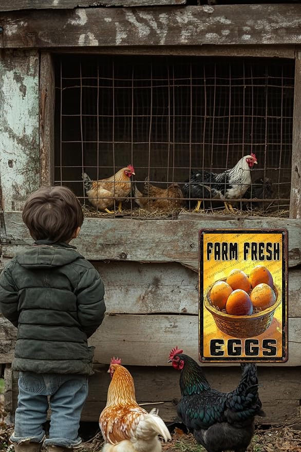 Vintage Farm Chicken Metal Sign Fresh Eggs Metal Poster Home Bathroom Kitchen Farmhouse Garden Coffee Retro Aluminium Sign Art Wall Decor Plaque 16x12 Inch