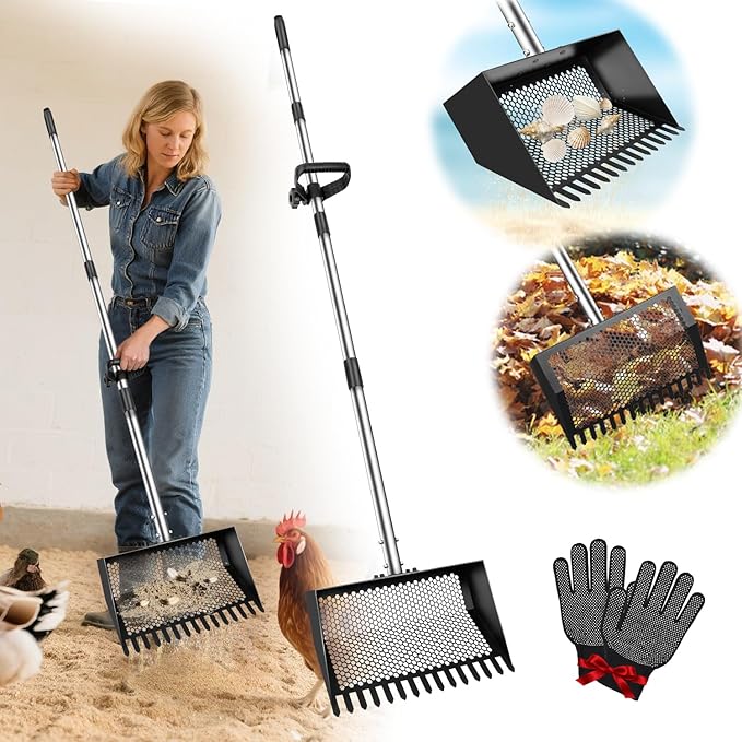 Chicken Poop Scooper & Rake 4-in-1, Metal Chicken Coop Scoop- Adjustable 23" to 66" Stainless Steel Handle, Sifting Litter Shovel for Chicken Coop, Goat Stall, Animal Farm, Stable Cleaning