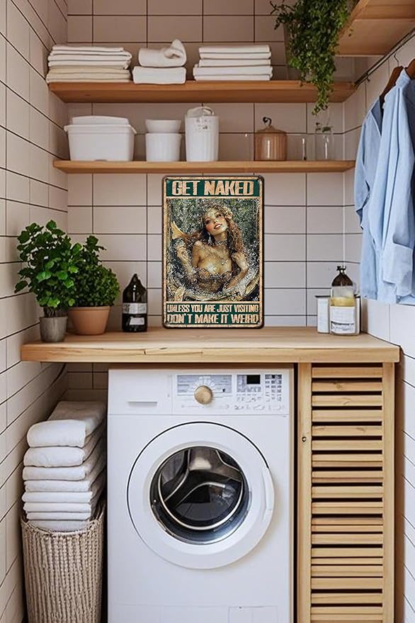 Mermaid Metal Sign Vintage Mermaid Bathroom Wall Art Decor Get Naked Unless You Are Just Visiting Don't Make It Weird Bathroom Accessories Tin Poster Home Toilet Cafe Office Decor 16x12 Inch