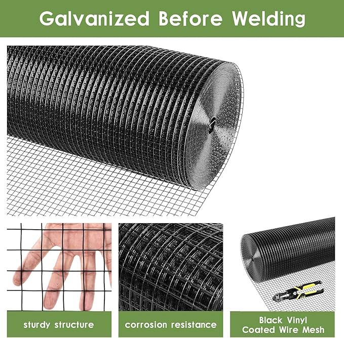 Tongmo Black Hardware Cloth, 1/2 inch 60'' x 100'Chicken Wire Fence, 19 Gauge Vinyl Coated Welded Cage Wire Mesh Roll Supports Poultry Netting Cage Garden Fence