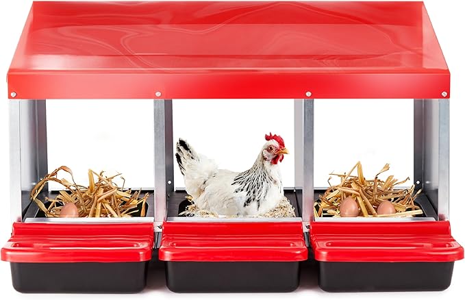 Chicken Nesting Boxes for Laying Eggs, 3-Compartment Roll-Away Nesting Boxes for Chickens Coop with Perch, Hens, Ducks & Other Poultry, Includes 3 Wooden Dummy Eggs