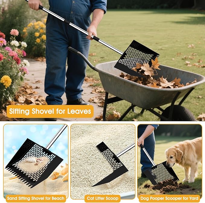 2-in-1 Chicken Poop Scooper & Rake, 12" Wide 63" Long Large Metal Chicken Coop Scooper for Sand with Ergonomic Grip, Heavy Duty Sifting Shovel Rake for Beach, Farm, Garden & Yard Waste (Black)