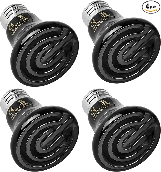 Simple Deluxe 25W Mini Reptile Heat Lamp Bulbs, Pack of 4 Ceramic Heat Emitters for Amphibian Pet & Incubating Chicken (Black, 25 Watts)
