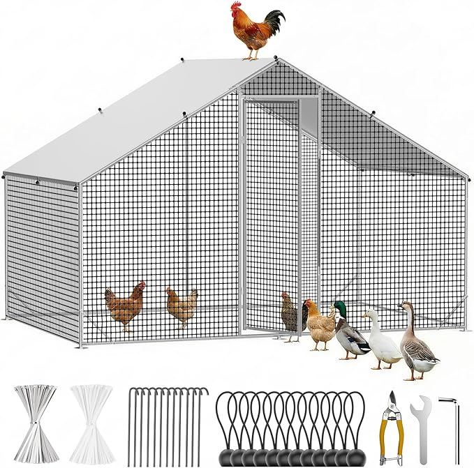 Metal Chicken Coop with Run, 9.8x6.6x6.6ft Walk-in Chicken Run for Yard with Cover, Upgrade Double Lock & Rust-Proof Mesh, Stainless Steel Ties, Easy Assembly, Chicken Pen for Ducks, Rabbits