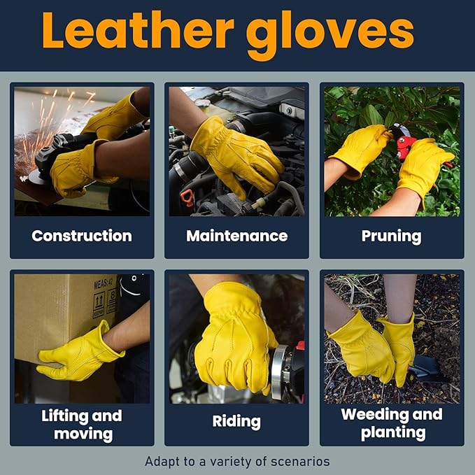 Work Gardening Gloves Outdoor for Men Women Construction Motorcycle Gloves Cut Resistant Reinforced Cowhide Leather