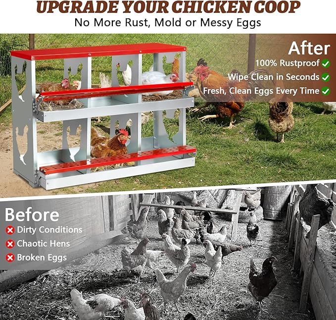 Chicken Nesting Box,Heavy Duty Metal Nest Boxes,6 Hole Roll Away Nesting Boxes,with Large Vented Holes,Wall-Mountable Chicken Coop Nesting Boxes,for Chickens,Ducks,Large Egg Boxes (Red 6 Hole)