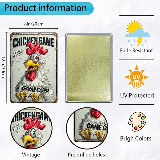 Funny Chicken Game Tin Sign Plaque Metal Poster Home Kitchen Garden Restaurant Farm Wall Decor 12x8 Inch